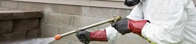 Pest control technician applying exterior insect treatment along a home foundation in Reno, NV