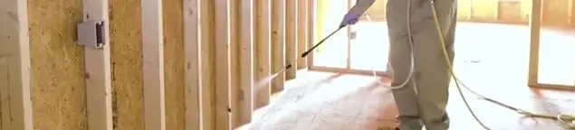 Termite treatment technician applying spray along framing and unfinished walls in Reno, NV